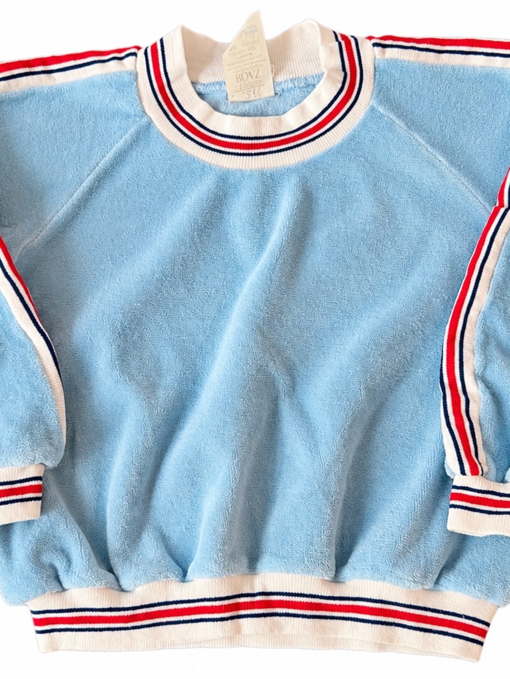 Sears Light Blue Terry Sweatshirt with Red, Navy & White Stripes